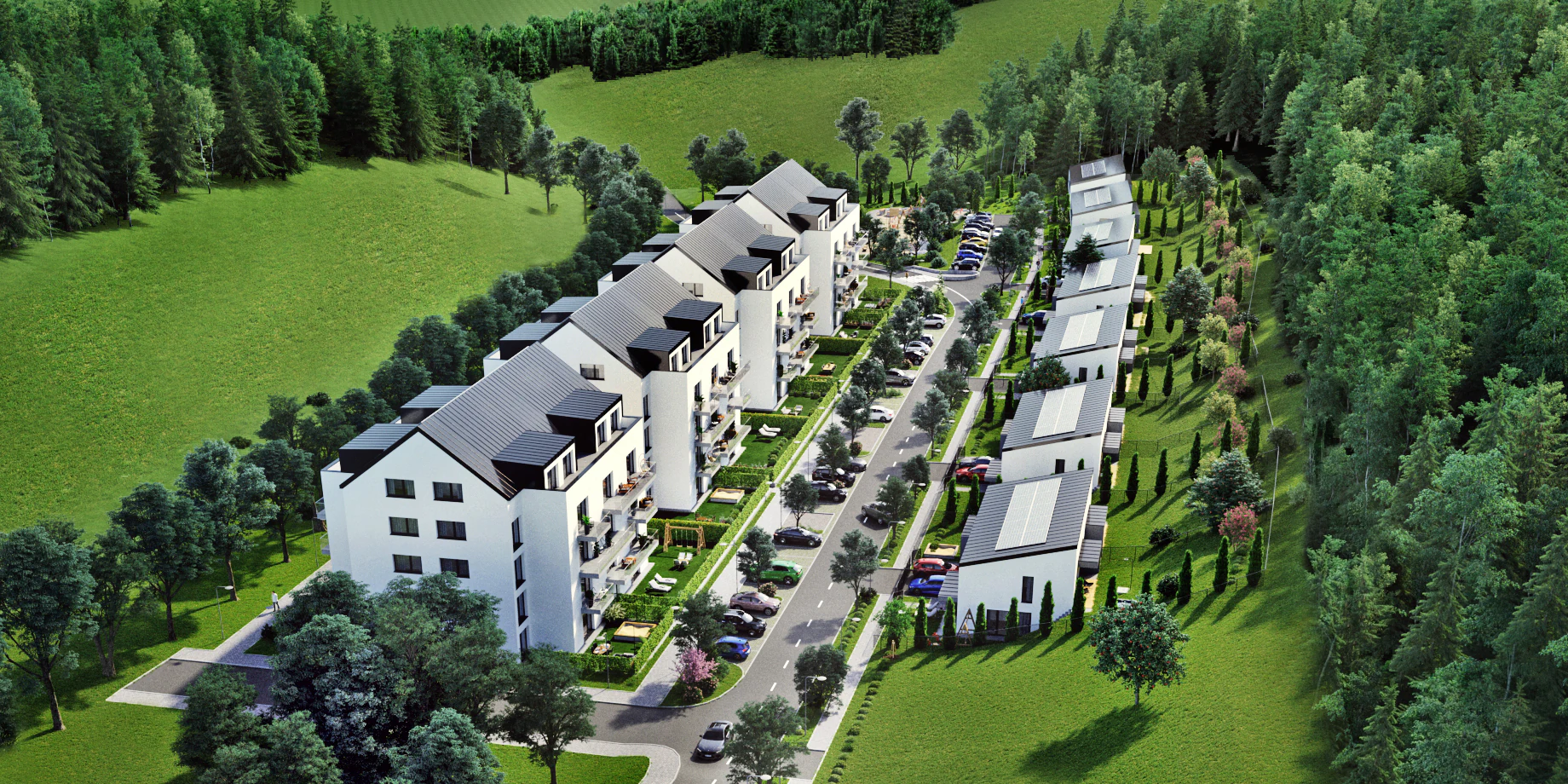 Vizualizace příjezdové cesty a projektu uprostřed zalesněné krajiny