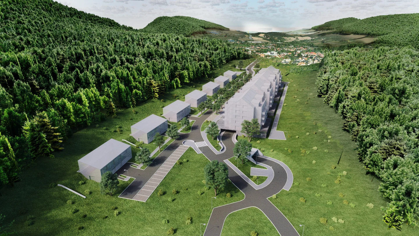 Hmotová vizualizace areálu v krajině bez povrchových materiálů