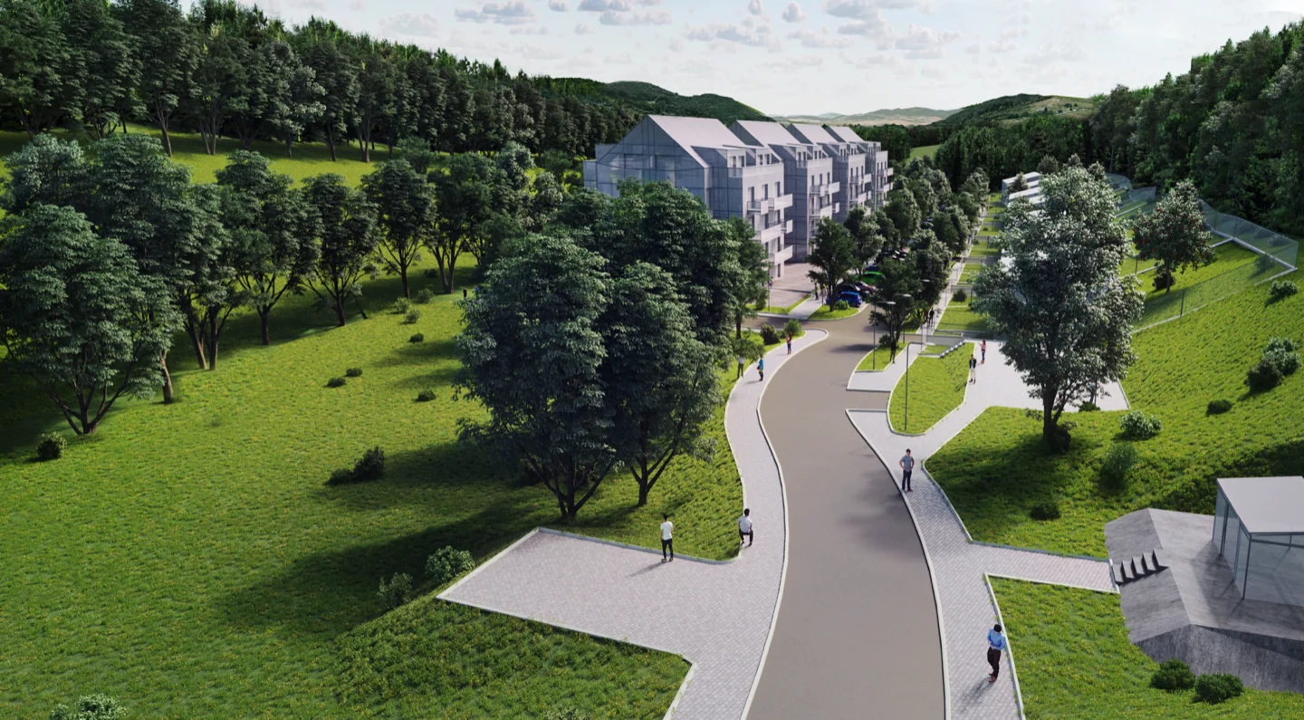 Vizualizace pěší cesty krajinou k bytovým domům projektu